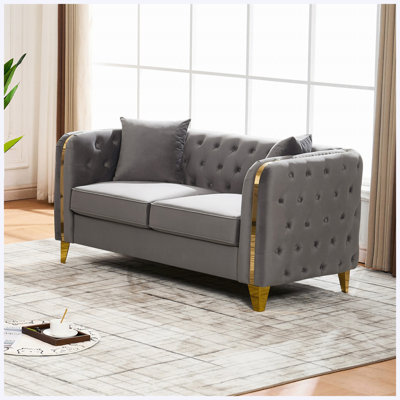 Upholstered living room sofa - 61" velvet button tufted love seat sofa with gold legs,chesterfield sofa with gold stainless steel accents for living r
