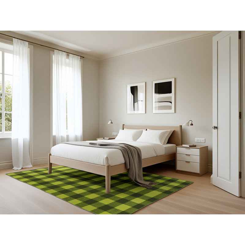 Machine Washable Checkered Green Area Rug, Rectangle 5' x 7'