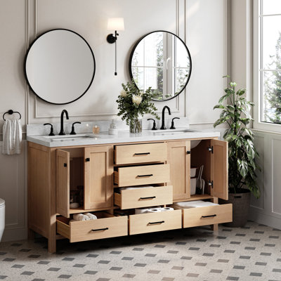 Meuble-lavabo double en bois massif 67 po avec plateau en marbre Carrara de Cambridge 67 po Cambridge
