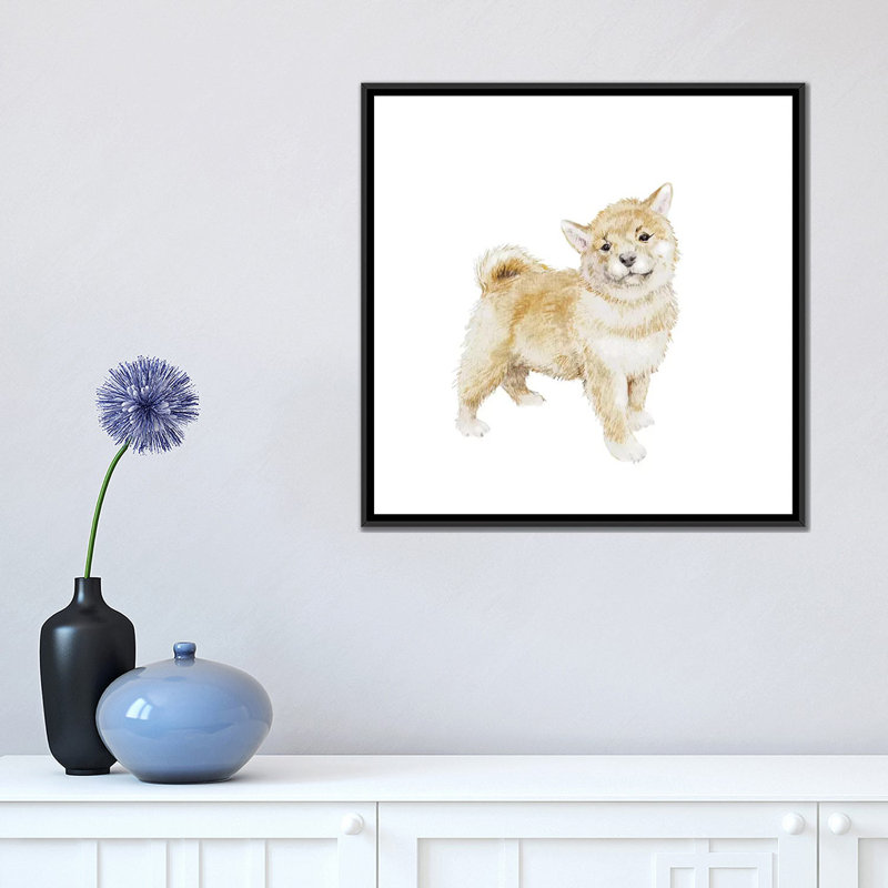 « shiba shiba chiot », impression sur toile, H 18 po x l 18 po x P 1,5 po, Toile avec cadre noir, Pas de tapis