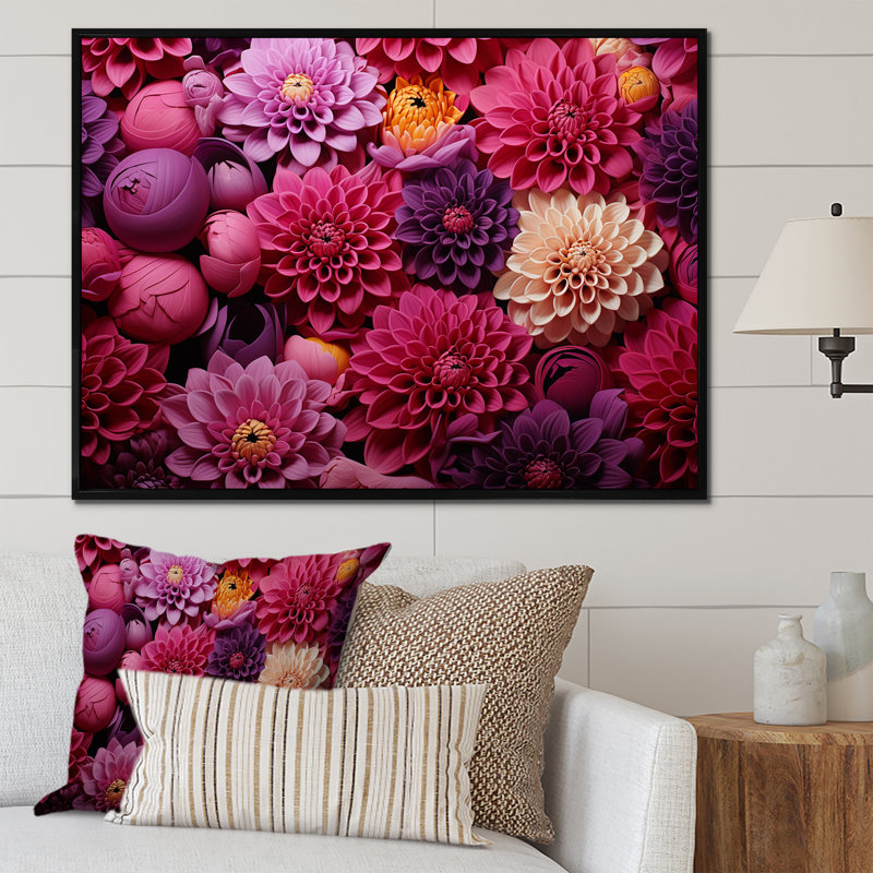 «Pink Chrysanthemums Gardens Collage I - Chrysanthemums», art mural, Cadre flottant noir, H 34 po x l 44 po x P 1,5 po