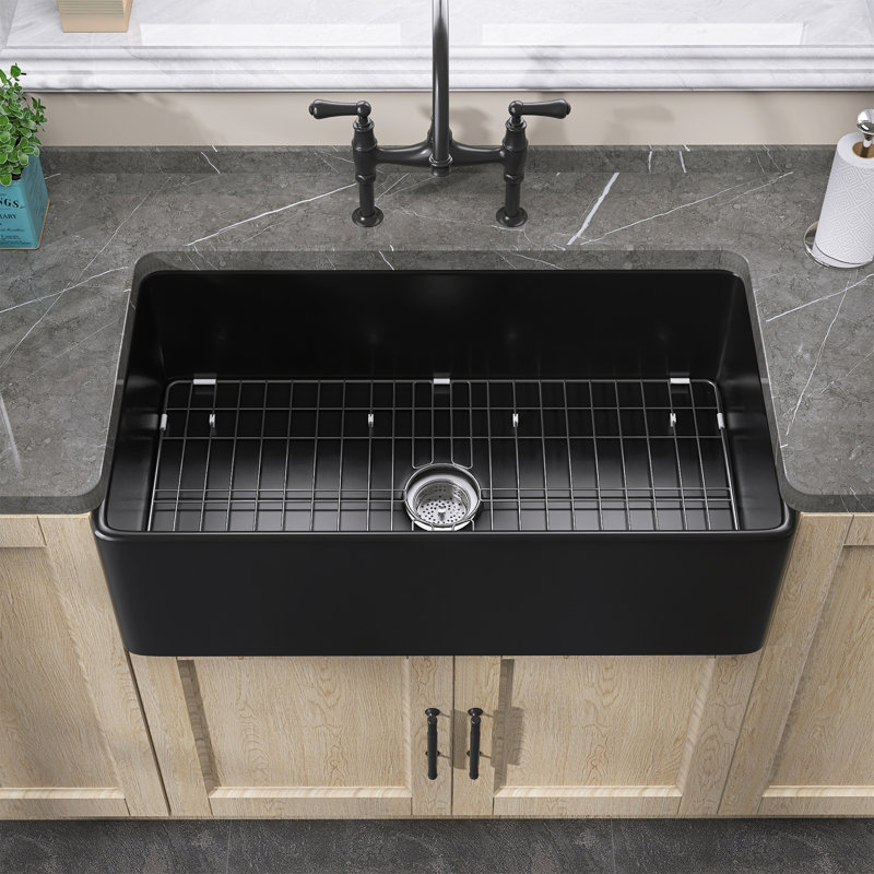 Apron Front Fireclay Farmhouse Kitchen Sink Single Bowl Farm Sink in Black with Accessory Kits, 10" H x 20" W x 30" L