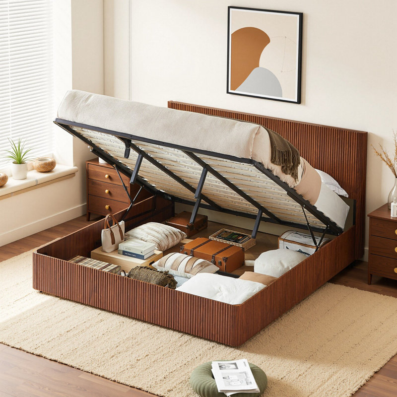 Lift Up Hydraulic Storage Bed Frame, Brown, King