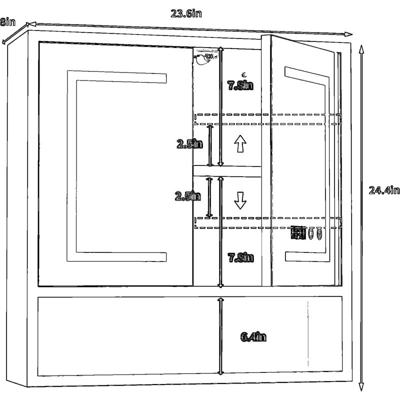 Armoire à pharmacie lumineuse à DEL avec miroir et désembueur, rangement mural avec tablette réglable et portes pour la salle de bain, la salle de lavage ou le salon
