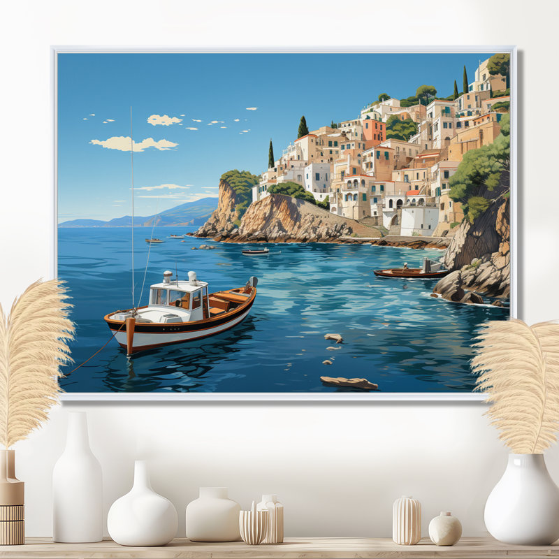 Capri, Italie, bleu, village méditerranéen III - paysage, Italie, décoration murale, Cadre flottant blanc