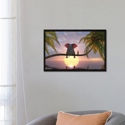 Elephant And Dog Sit On A Palm Tree On The Beach by Mike Kiev - Print on Canvas