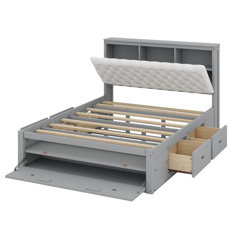 Lit plateforme en bois avec tête de lit, étagère à chaussures et tiroirs, Gris