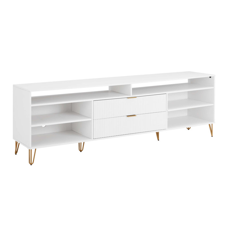 DUMBO 85" Mid-Century Modern TV Stand with 6 Shelves and 2 Drawers, White