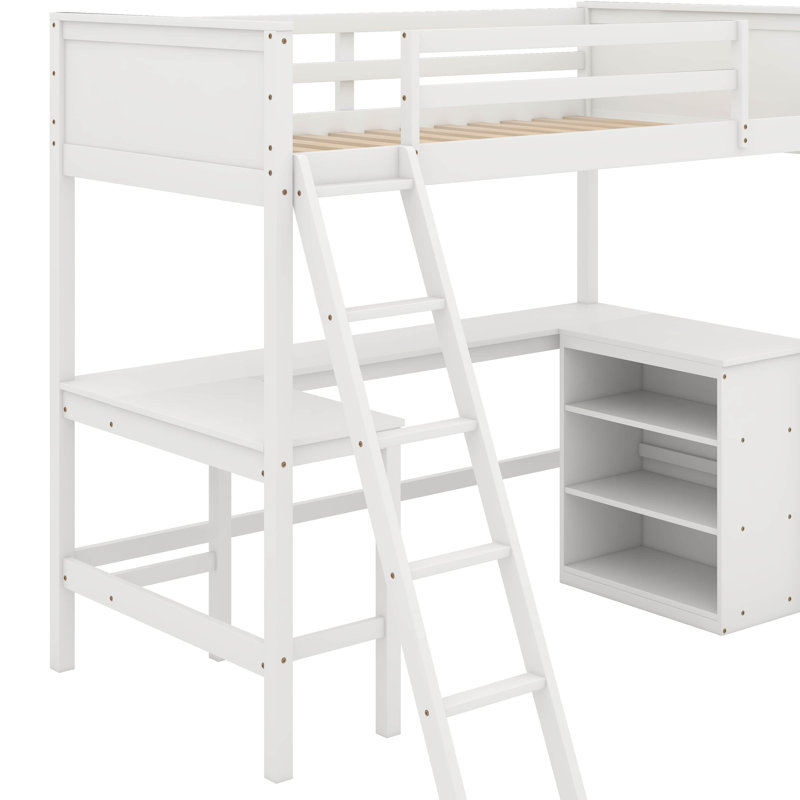 Lit mezzanine simple avec tablettes et bureau, Blanc
