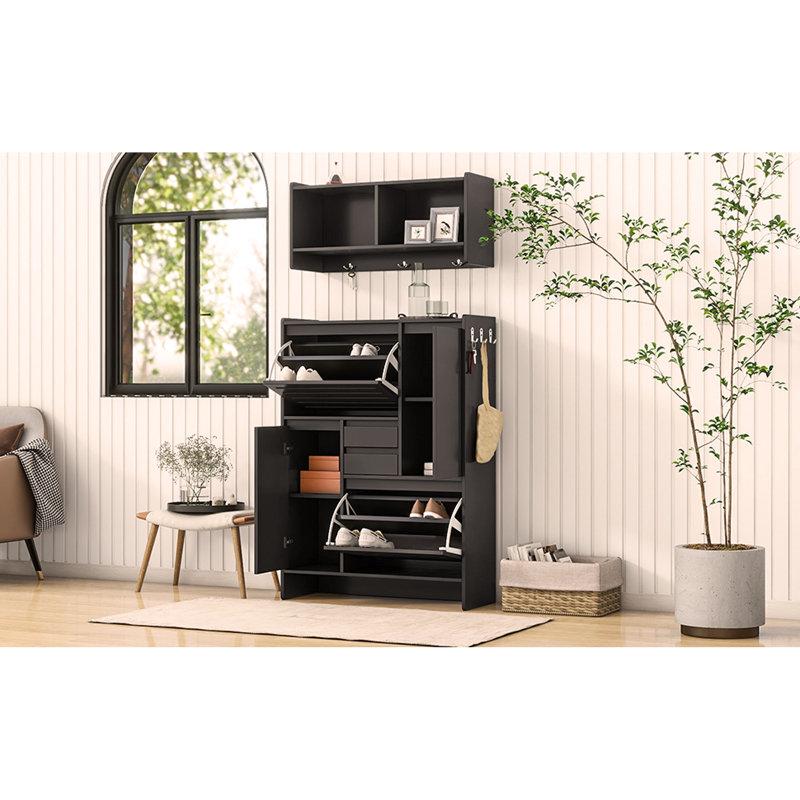 Multi-Functional Tipping Bucket Shoe Cabinet with Wall Cabinet, Space-saving Design Foyer Cabinet with 2 Flip Drawers, Black