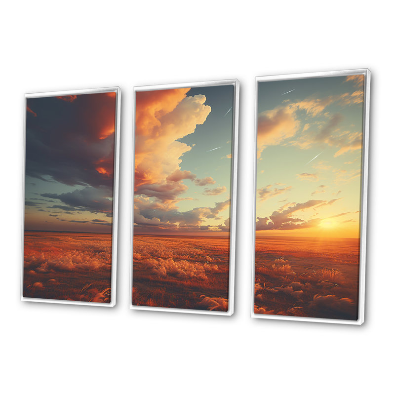 «Sunset Summer Meadows - Prairies», ensemble d'art sur toile, H 28 po x l 36 po x P 1 po, Cadre flottant blanc