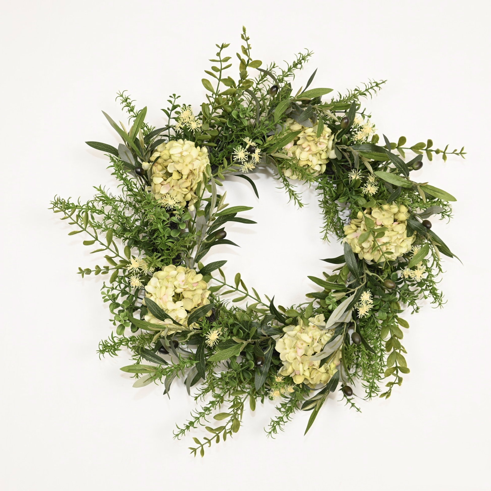 24" Handcrafted Olive Hydrangea No Holiday Wreath