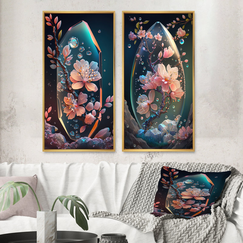 «Cherry Blossums Tree», 2 pièces sur toile, Encadrement doré, H 24 po x l 20 po