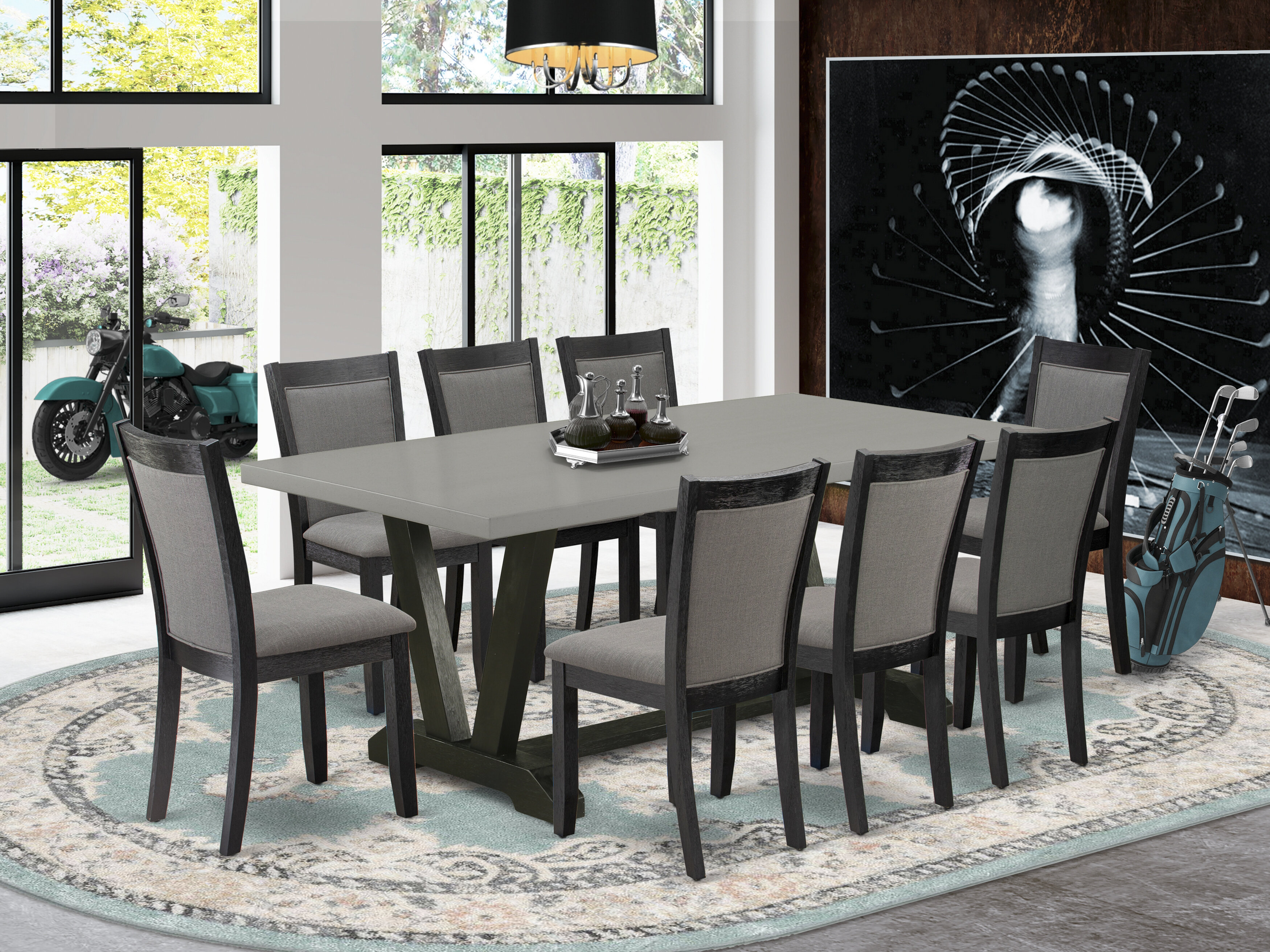 Modern Dining Set A Dining Table With Trestle Base And Linen Fabric Kitchen Chairs With High Back 