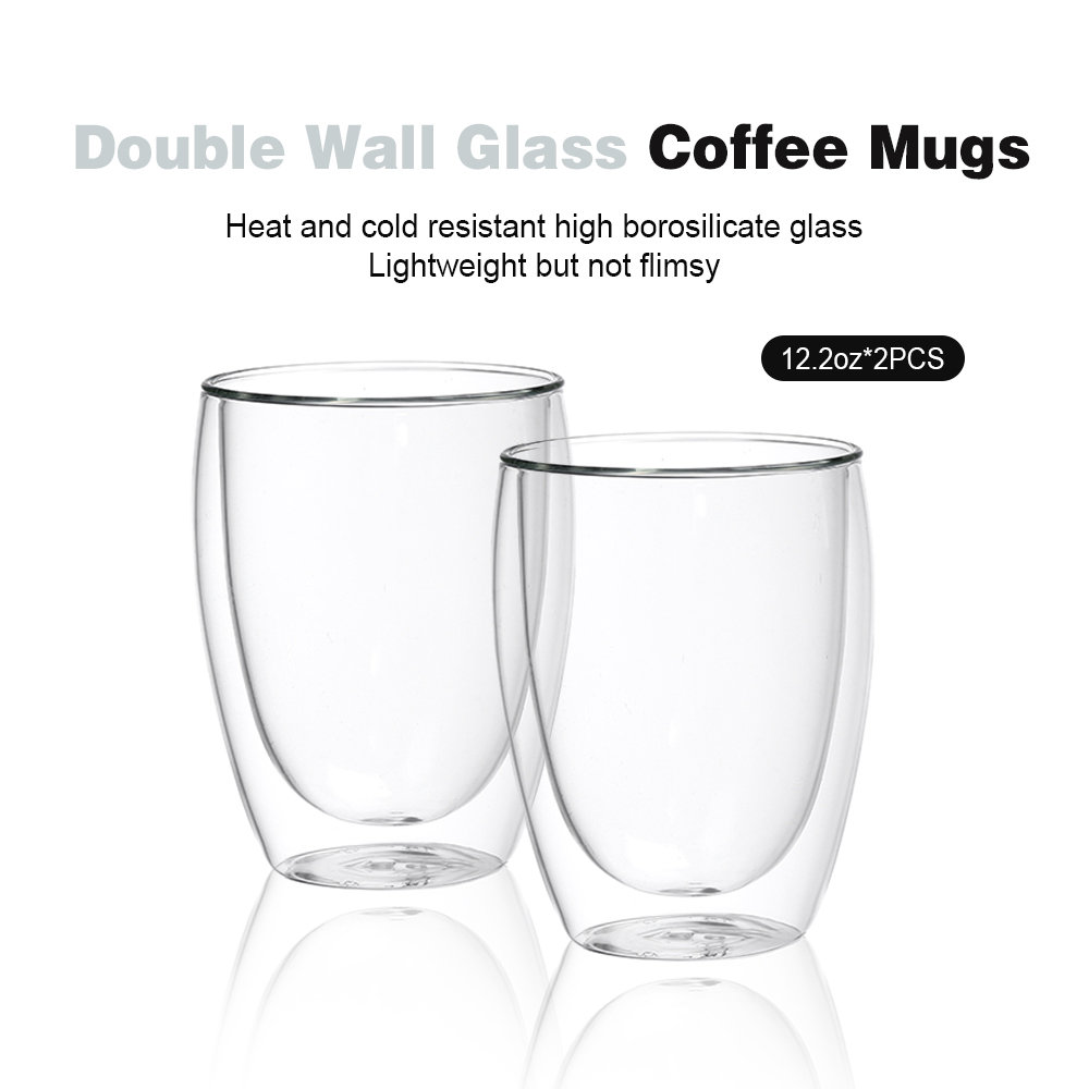 NutriChef Double Wall Insulated Glasses 2pcs 8oz High Borosilicate Glass  Sweat Free Clear Mugs