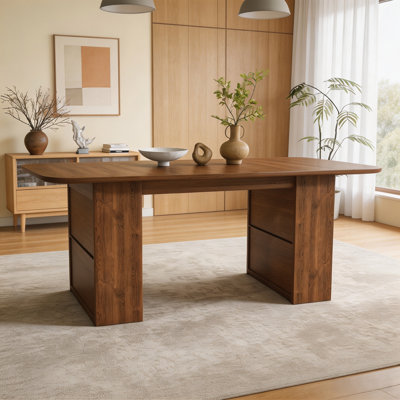 70.87" Mid-Century Modern Dining Table with Drawers and Open Shelf, MDF Walnut Finish Kitchen Table with 3-Panel Wood Look Top – Seats 4-6 for Dining Room