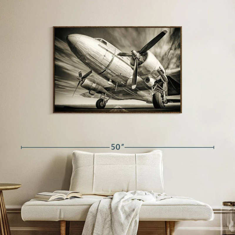 Avion rétro monochrome, Cadre flottant noyer, 40 po x 27 po