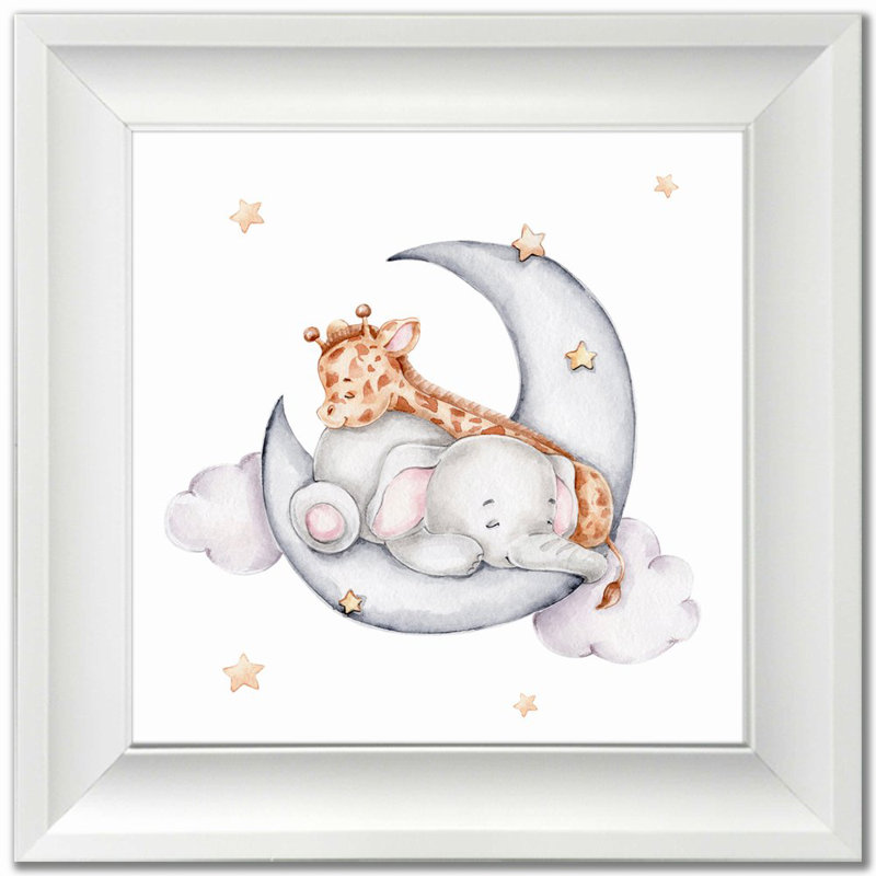 «Elephant And Giraffe On Moon», art mural, Cadre d'angle fermé blanc, H 17,5 po x l 17,5 po x P 1 po