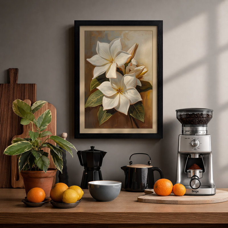 White Magnolia Blooms Botanical - Print, A1 - 84.1 x 59.4 cm, Black