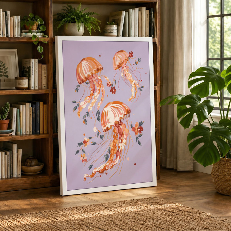 Drifting Jellyfish Coastal 1 Piece Wrapped Canvas Wall Art, 30x20 - 76.2 x 50.8 cm, Cream Border