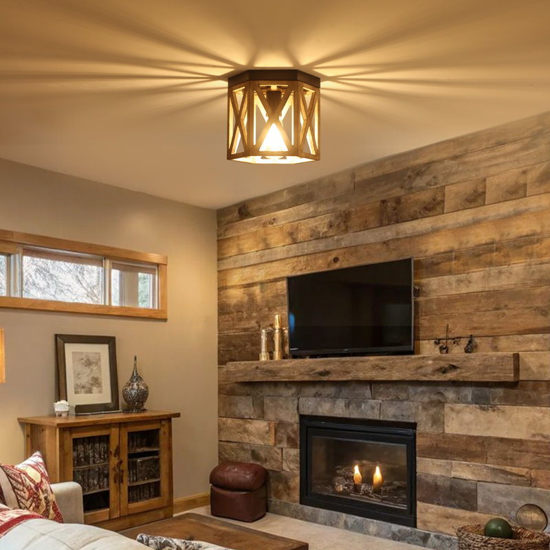 1-Light Rustic Wood Hexagon Flush Mount Ceiling