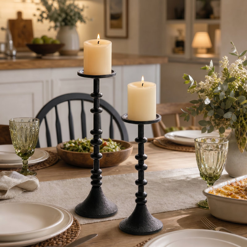 Ensemble de 2 porte-bougies en fer noir, chandeliers décoratifs pour table de salle à manger, manteau de cheminée et salon