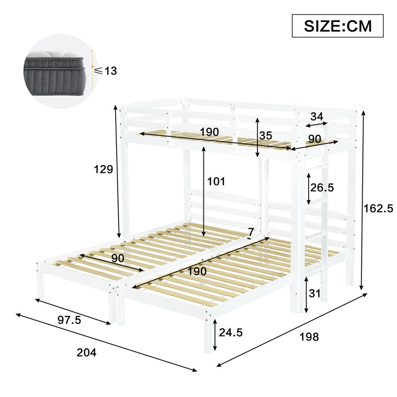 Triple Sleeper Bunk Bed with Side Ladder for Kids and Teens, 3ft Single Size (90×190cm), Sturdy Wooden Frame, White Finish, Mattress Not Included