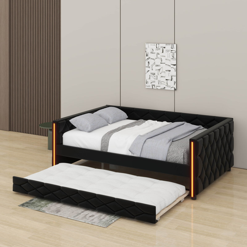 Full XL Size Upholstered Daybed With Trundle And LED, Black