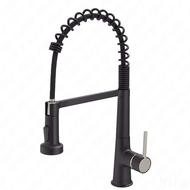 Robinet de cuisine moderne à ressort noir commercial avec pulvérisateur rétractable, pour évier de cuisine