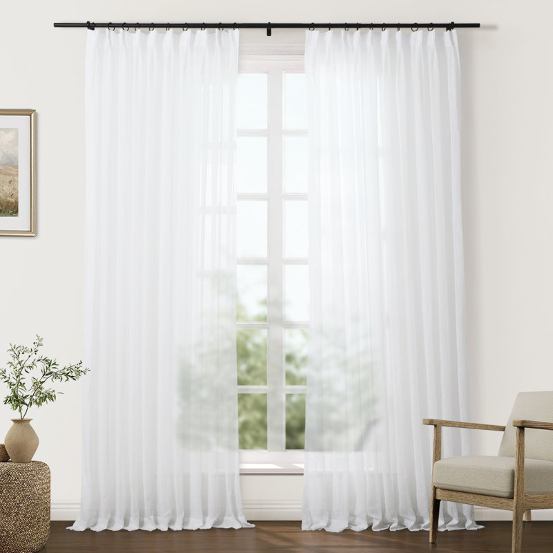 TWOPAGES Sheer Curtains Faux Linen Pinch Pleat Curtains, Set of 2, White, 26" W x 90" L