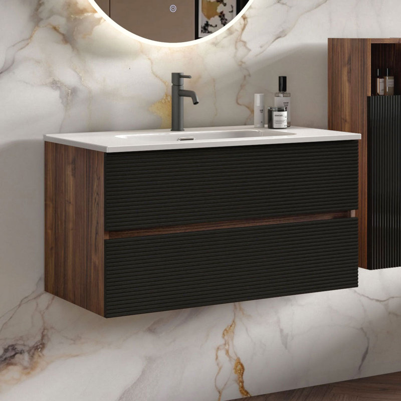 Kersha 36 Inch Single Bathroom Vanity with Ceramic Top with Overflow, Pre-Assembled, Brown, 36", Single Hole