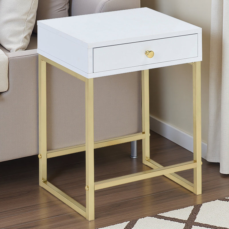 Table de bout moderne avec tiroir - table d'appoint blanche et laiton pour le salon, la chambre à coucher, le vestibule | Conception robuste et peu encombrante