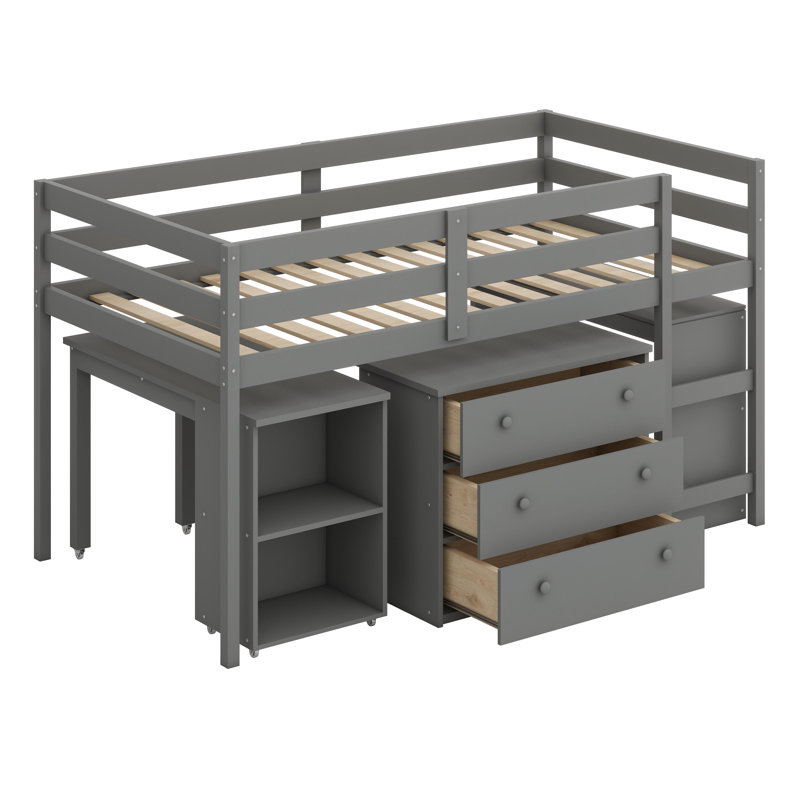 Lit mezzanine avec armoire et portable, Gris