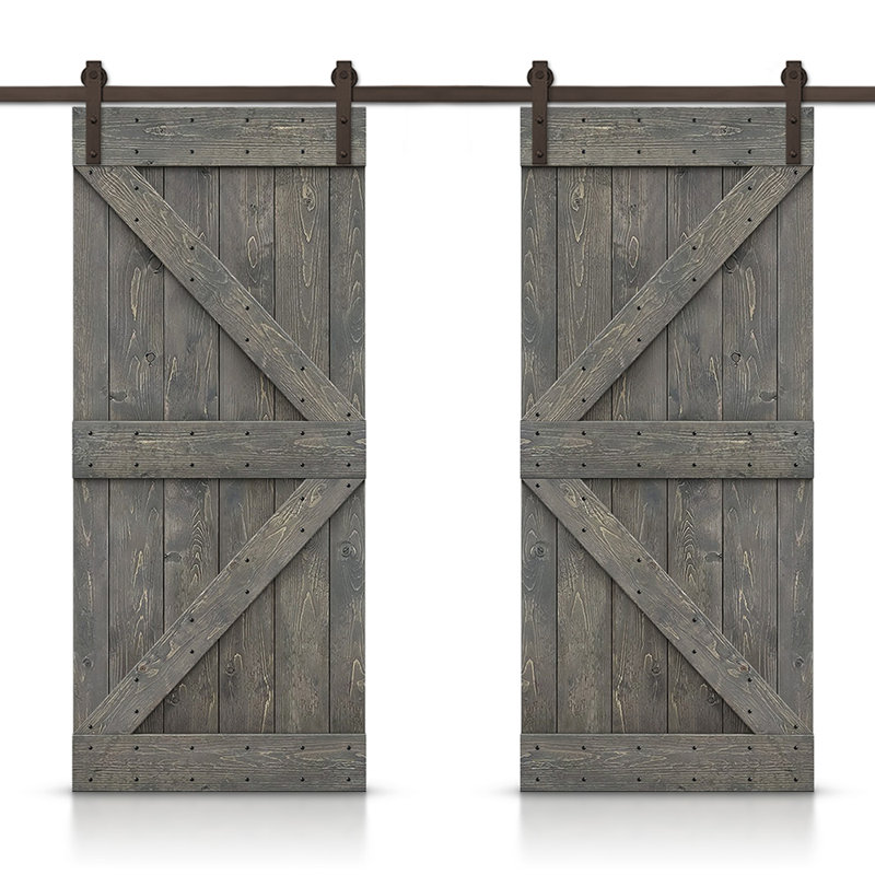 Porte de grange double à panneaux en bois teinté K Series avec ensemble de quincaillerie coulissante, 40 po x 84 po