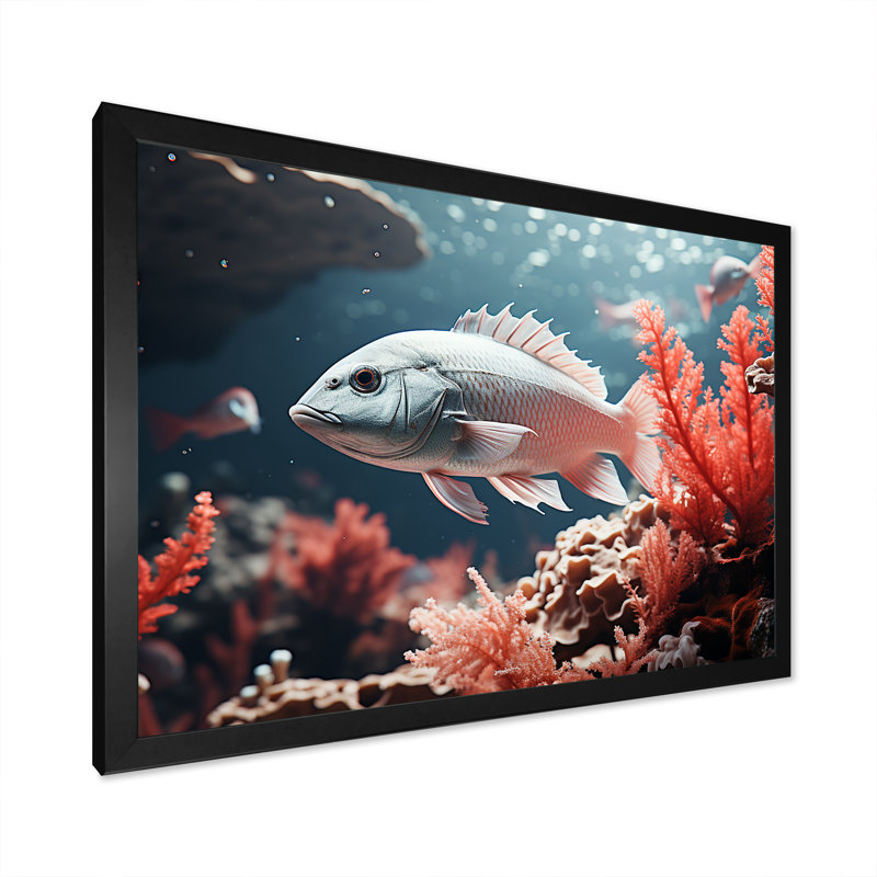 Monochromes coraux et poissons gris dansant sur toile, H 34 po x l 44 po x P 1,5 po, Cadre d'angle fermé noir