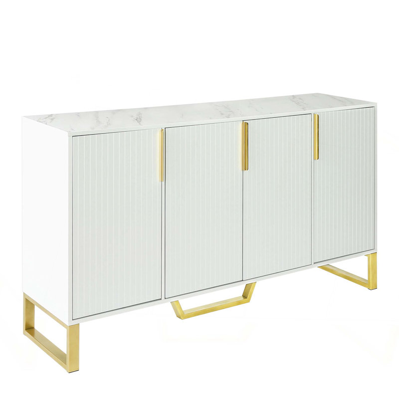 Buffet moderne avec quatre portes, poignées et pieds en métal et armoire de cuisine à tablettes réglables, Blanc