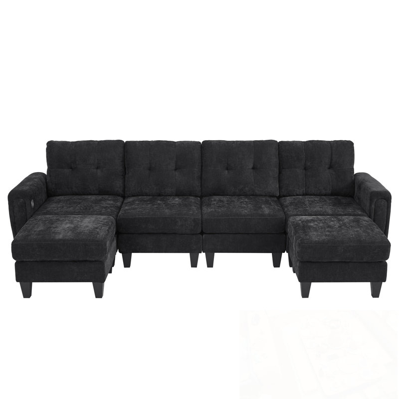 U-Shaped Upholstered Sofa With Two Movable Ottomans, USB Ports And Side Tables, Black Chenille