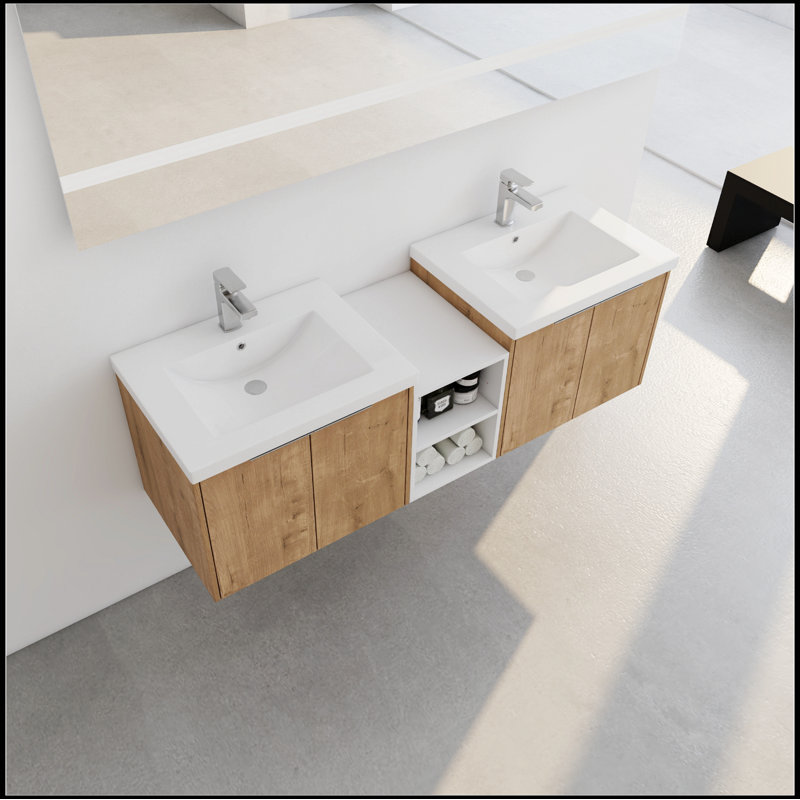 Meuble-lavabo à fermeture en douceur 60 po avec lavabo et petites tablettes de rangement