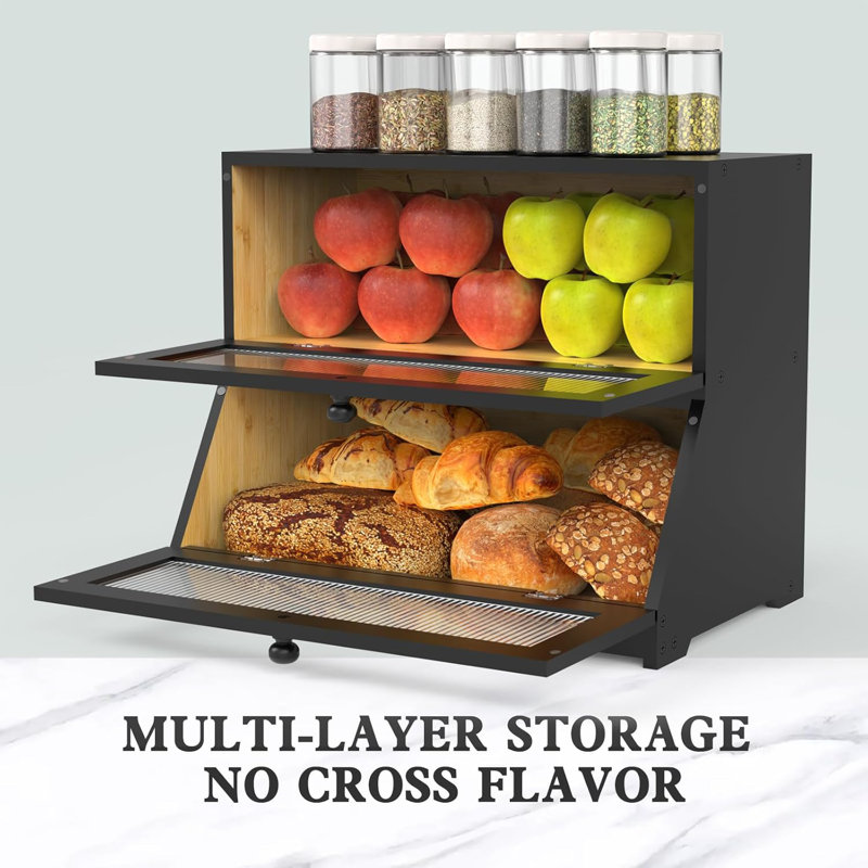 Large Black Bamboo Double Layer Bread Box with Frosted Glass