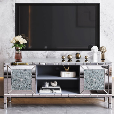 Meuble télé 60 po à miroir avec portes en verre concassé - centre de divertissement multimédia moderne, console de rangement réglable pour téléviseur de 65 po