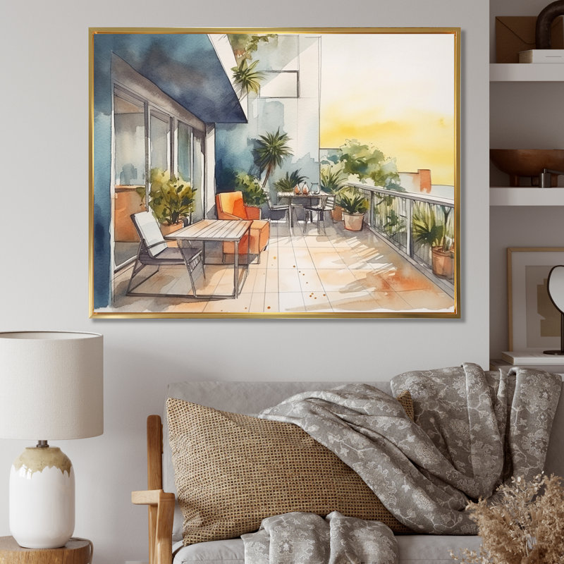 Ruidhe capturant le bonheur d'une terrasse d'été III sur toile, H 30 po x l 40 po x P 1,5 po, Cadre flottant doré