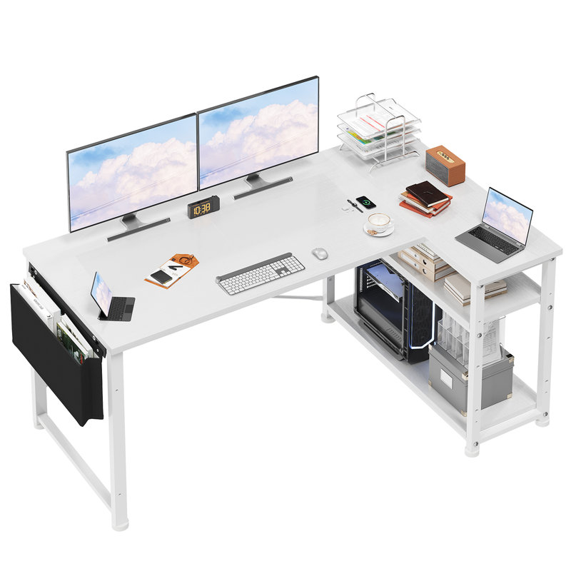 Ambus L Shape Computer Desk, 100cm W x 80cm D, Left Hand, White/White