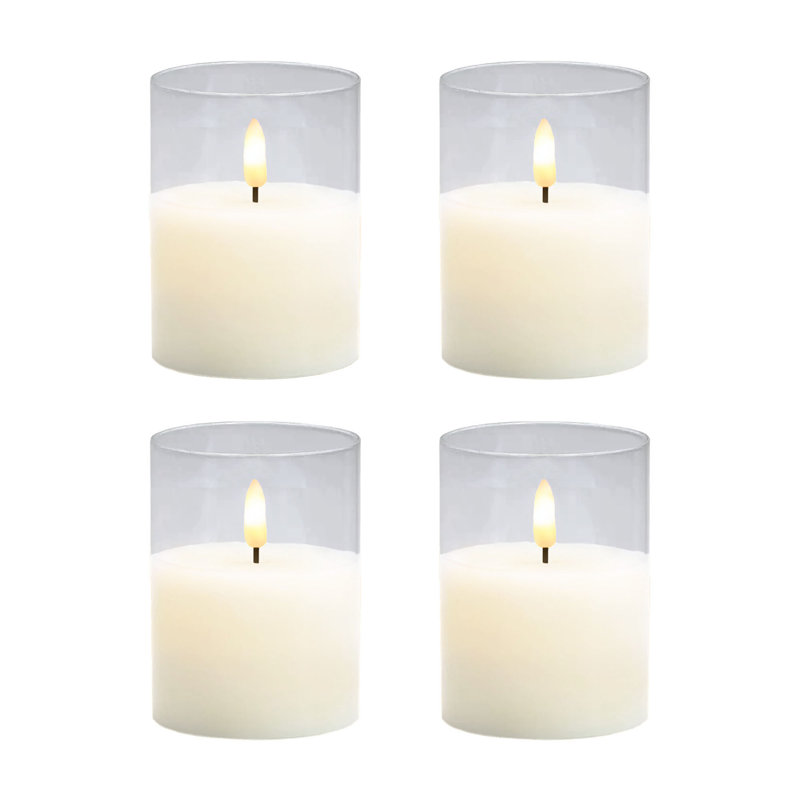 Bougies DEL à mèche 3D à piles dans des supports transparents, blanc doux - 4 pièces