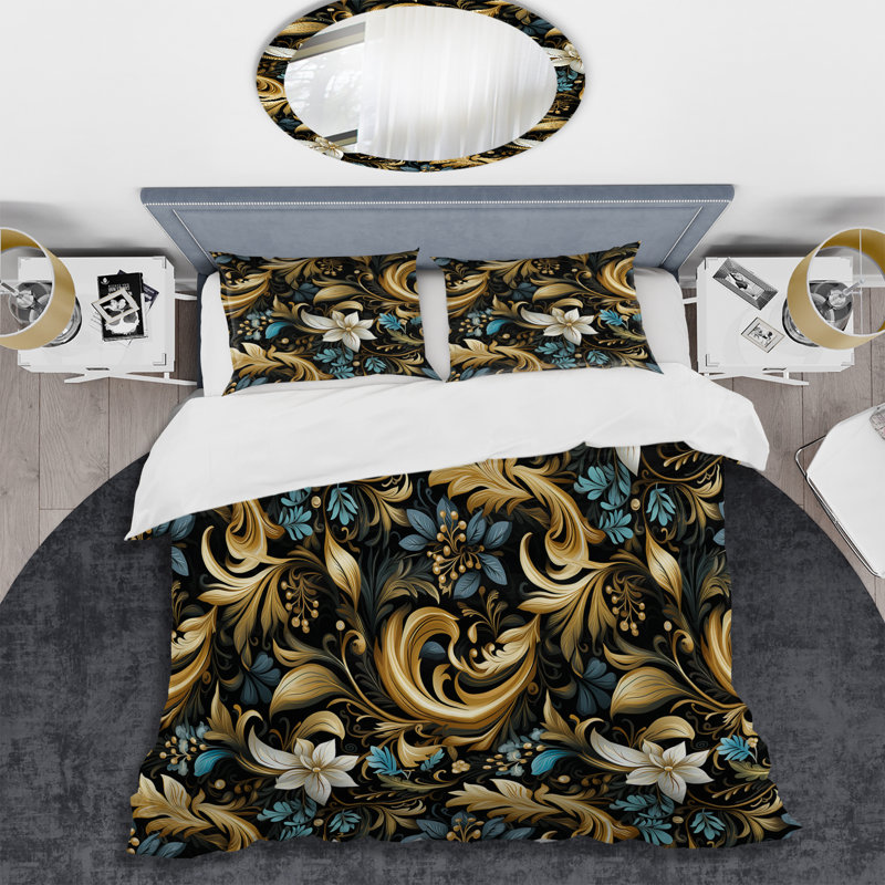 Ensemble de housse de couette en damas Black And Gold Damask Flower Blossoms