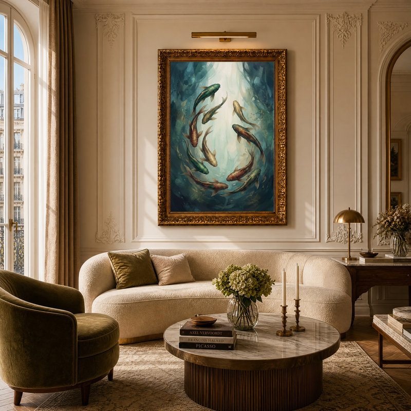 Cercle de poissons koi dans une eau sarcelle, art mural, 24"H x 16"W