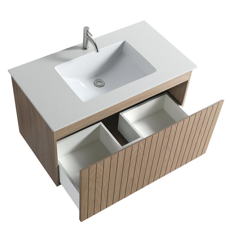 Hood-5N 36.00 In. W X 19.80 In. D X 20.00 In. H  Wall Mounting Bath Vanity In Natural Wood With White Single Sink