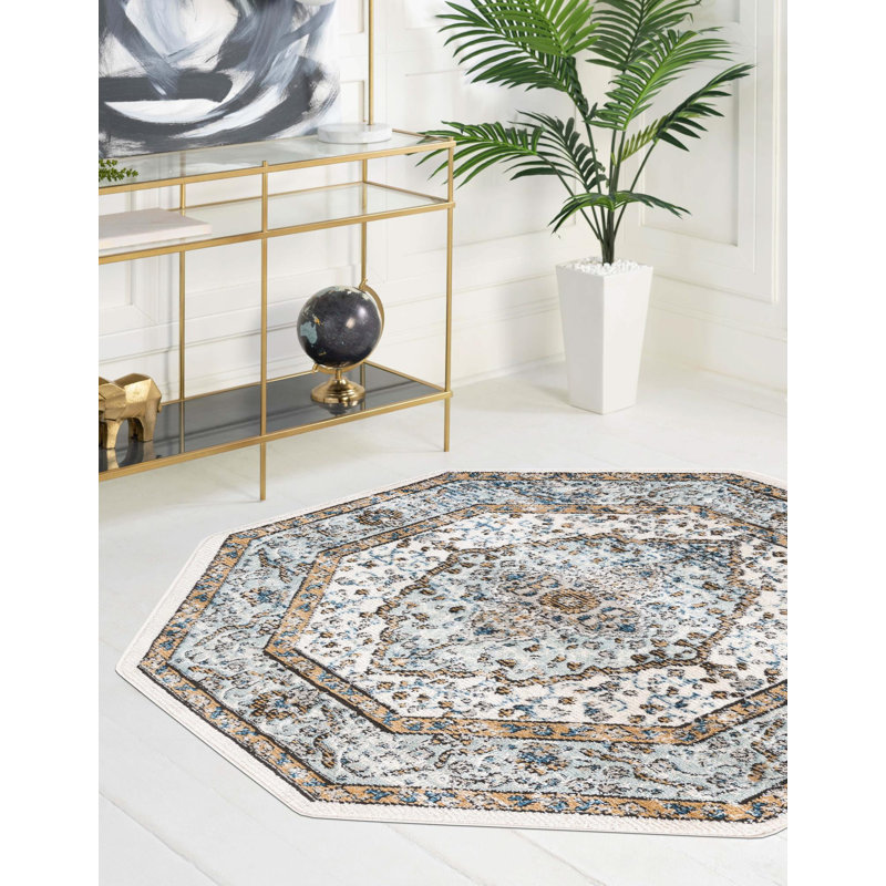 Tapis oriental bleu Longe, Octogone 4 pi x 4 pi