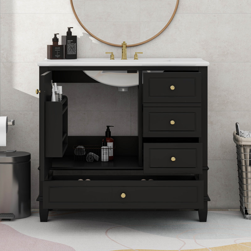 36" Bathroom Vanities Cabinet With Ceramic Sink Set Combo, Shelf, Three Drawers, Black