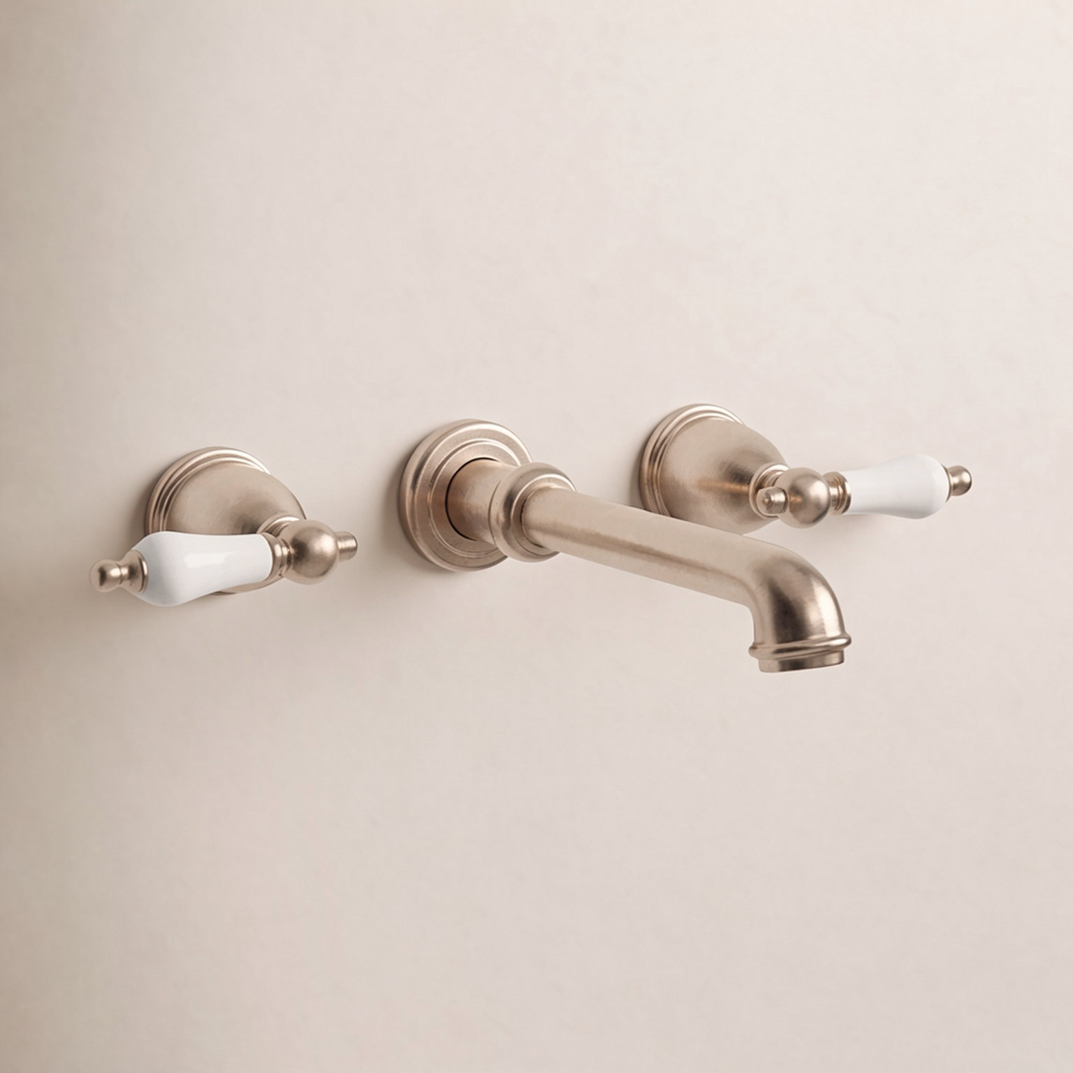 English Country Wall-Mounted Roman Tub Faucet, Brushed Nickel/White