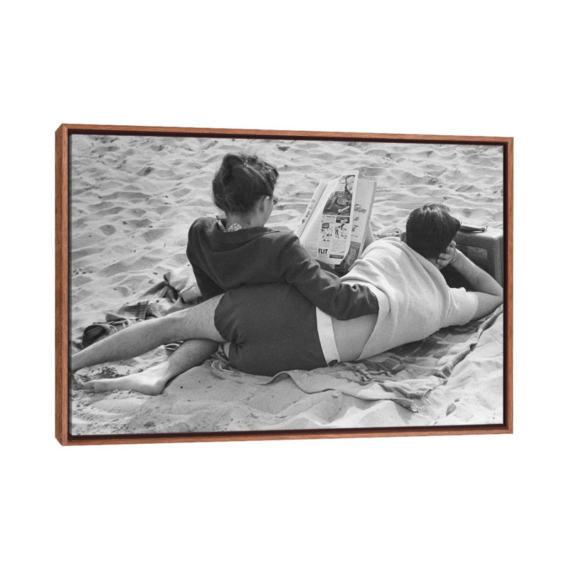 Couple On Beach (NYC, 1947) by Ruth Orkin - Print on Canvas, Classic Brown Wood Framed, 66.04 cm H x 45.72 cm W